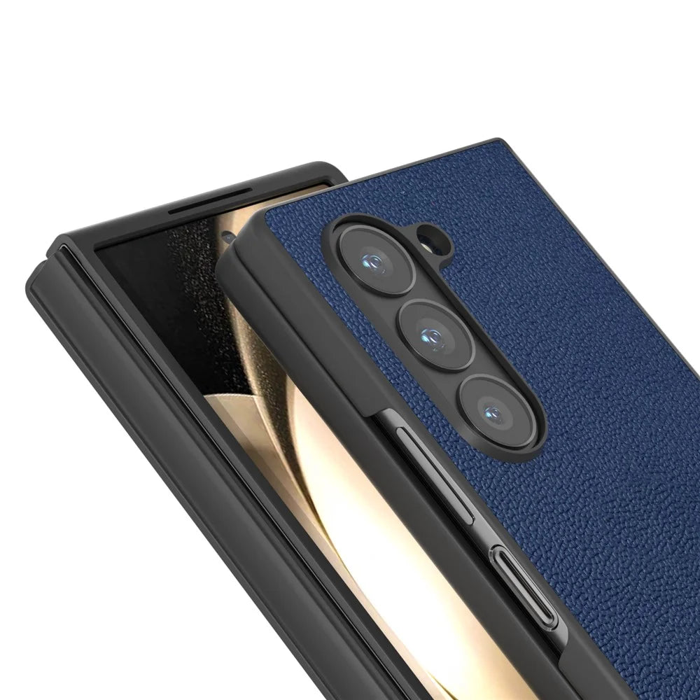 ABEEL For Samsung Galaxy Z Fold6 5G Case Genuine Cow Leather+PC Folding Phone Cover - Blue - 2