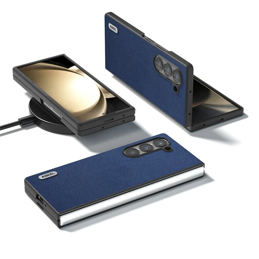 ABEEL For Samsung Galaxy Z Fold6 5G Case Genuine Cow Leather+PC Folding Phone Cover - Blue - 3