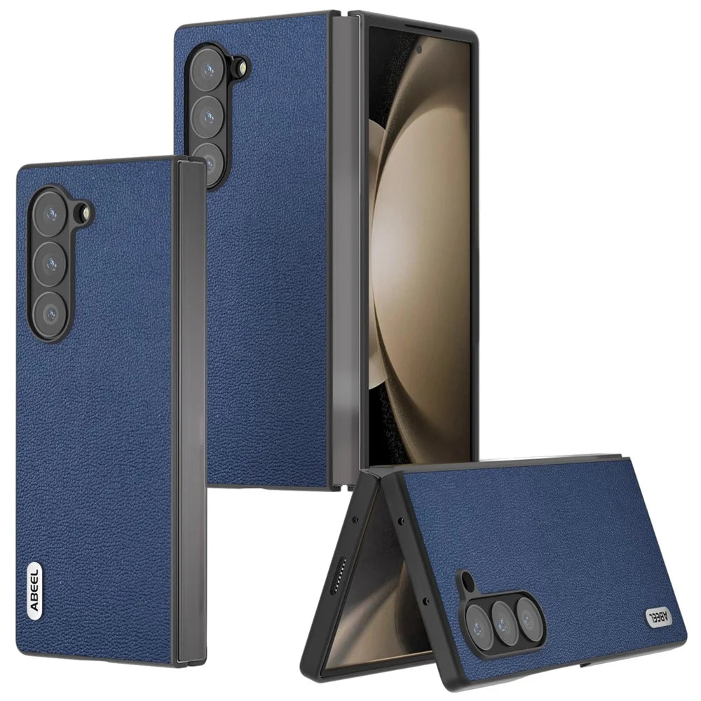 ABEEL For Samsung Galaxy Z Fold6 5G Case Genuine Cow Leather+PC Folding Phone Cover - Blue - 5
