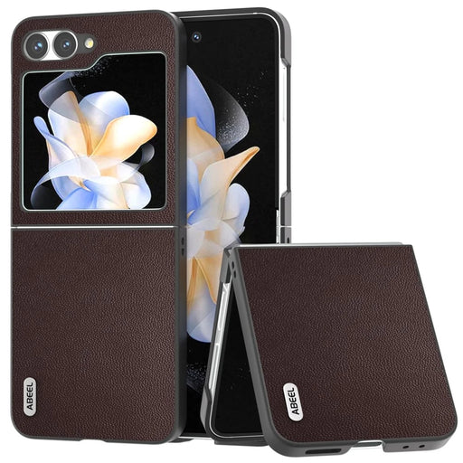 ABEEL For Samsung Galaxy Z Flip7 FE 5G / Z Flip6 5G Case Black Edge Genuine Cow Leather PC Phone Cover - Coffee - 1