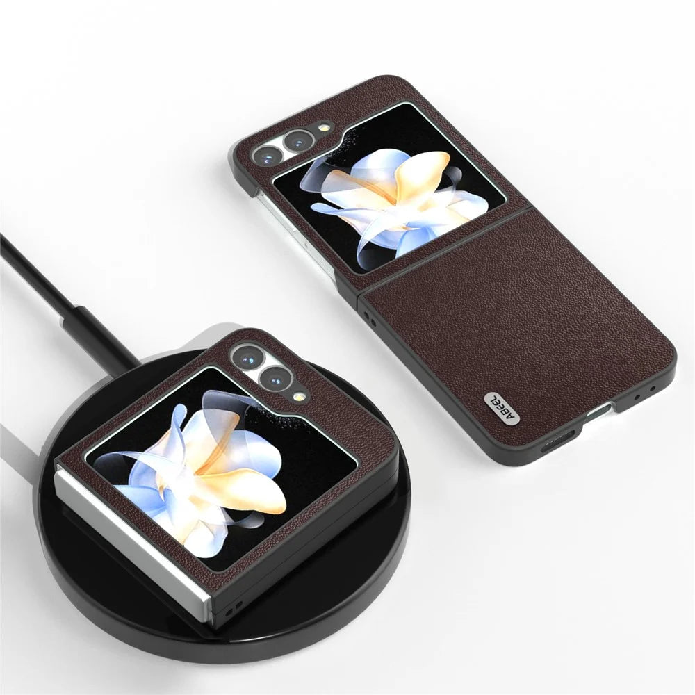 ABEEL For Samsung Galaxy Z Flip7 FE 5G / Z Flip6 5G Case Black Edge Genuine Cow Leather PC Phone Cover - Coffee - 3