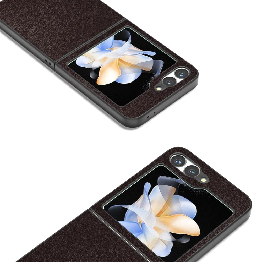ABEEL For Samsung Galaxy Z Flip7 FE 5G / Z Flip6 5G Case Black Edge Genuine Cow Leather PC Phone Cover - Coffee - 4