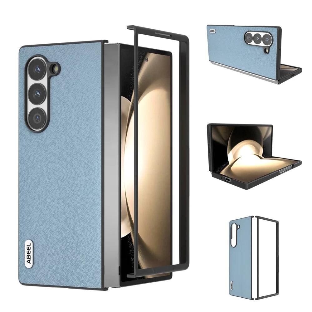 ABEEL For Samsung Galaxy Z Fold6 5G Case Genuine Cow Leather PC Phone Cover Black Edge - Sky Blue - 1
