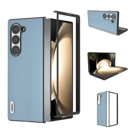 ABEEL For Samsung Galaxy Z Fold6 5G Case Genuine Cow Leather PC Phone Cover Black Edge - Sky Blue - 1