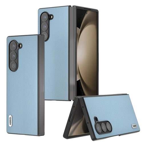 ABEEL For Samsung Galaxy Z Fold6 5G Case Genuine Cow Leather PC Phone Cover Black Edge - Sky Blue - 2