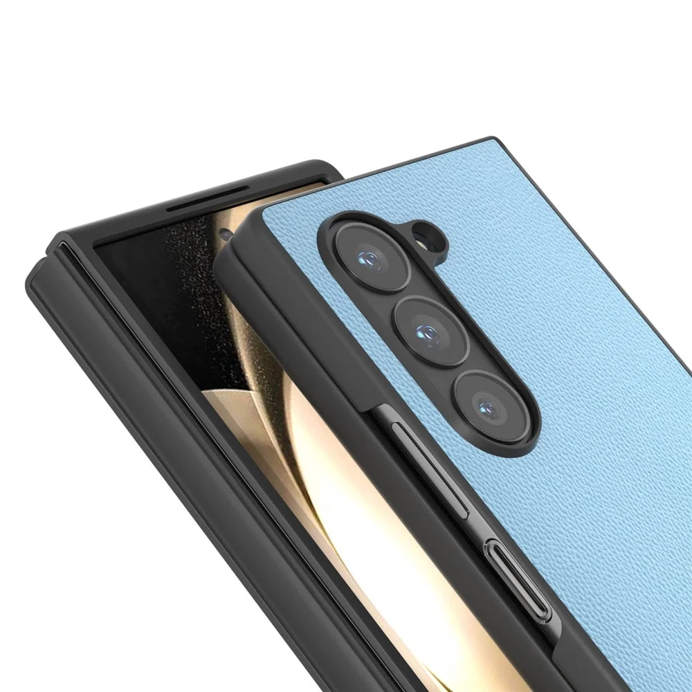 ABEEL For Samsung Galaxy Z Fold6 5G Case Genuine Cow Leather PC Phone Cover Black Edge - Sky Blue - 4