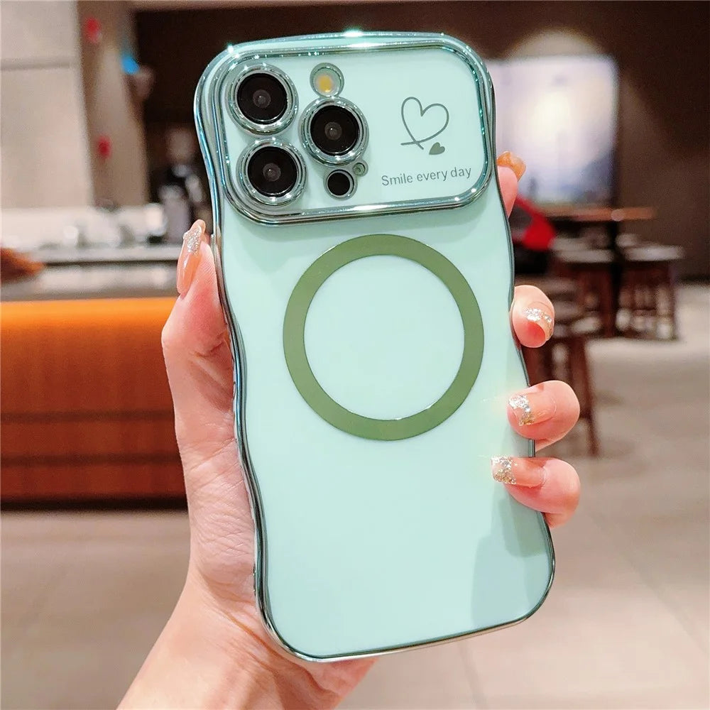 For iPhone 16 Pro Magnetic Case Curly Frame Design TPU Phone Cover Aesthetic Heart Pattern - Green - 1