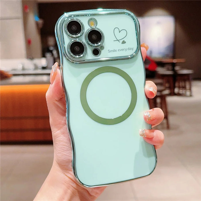 For iPhone 16 Pro Magnetic Case Curly Frame Design TPU Phone Cover Aesthetic Heart Pattern - Green - 1