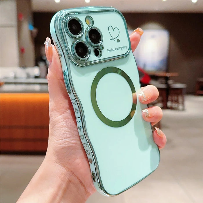 For iPhone 16 Pro Magnetic Case Curly Frame Design TPU Phone Cover Aesthetic Heart Pattern - Green - 2