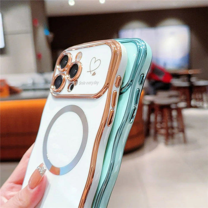 For iPhone 16 Pro Magnetic Case Curly Frame Design TPU Phone Cover Aesthetic Heart Pattern - Green - 3
