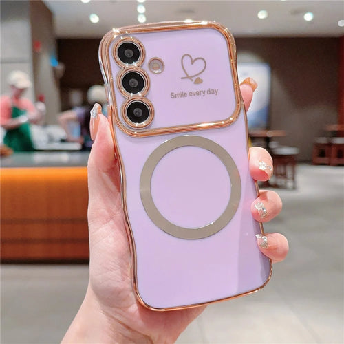 For Samsung Galaxy S24 Magnetic Case Wavy Edge TPU Phone Cover Heart Pattern Design - Purple - 1