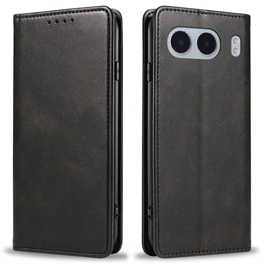 For OnePlus Nord 4 Case Wallet Leather Folio Phone Cover Magnetic Absorption Calf Texture - Black - 1