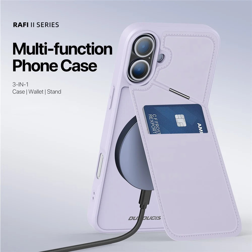 DUX DUCIS Rafi II Series for iPhone 16 Plus Magnetic Phone Case Card Holder Leather Back Cover - Purple - 4