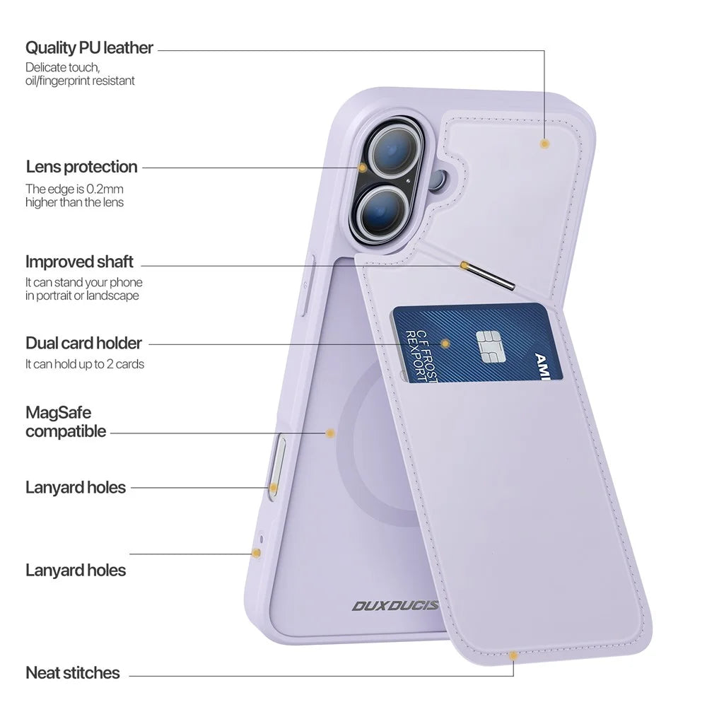 DUX DUCIS Rafi II Series for iPhone 16 Plus Magnetic Phone Case Card Holder Leather Back Cover - Purple - 5