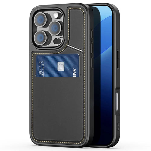 DUX DUCIS Rafi II Series for iPhone 16 Pro Magnetic Case Kickstand Card Slots Leather+TPU Phone Cover - Black - 1