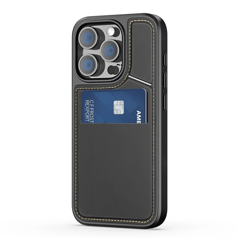 DUX DUCIS Rafi II Series for iPhone 16 Pro Magnetic Case Kickstand Card Slots Leather+TPU Phone Cover - Black - 2