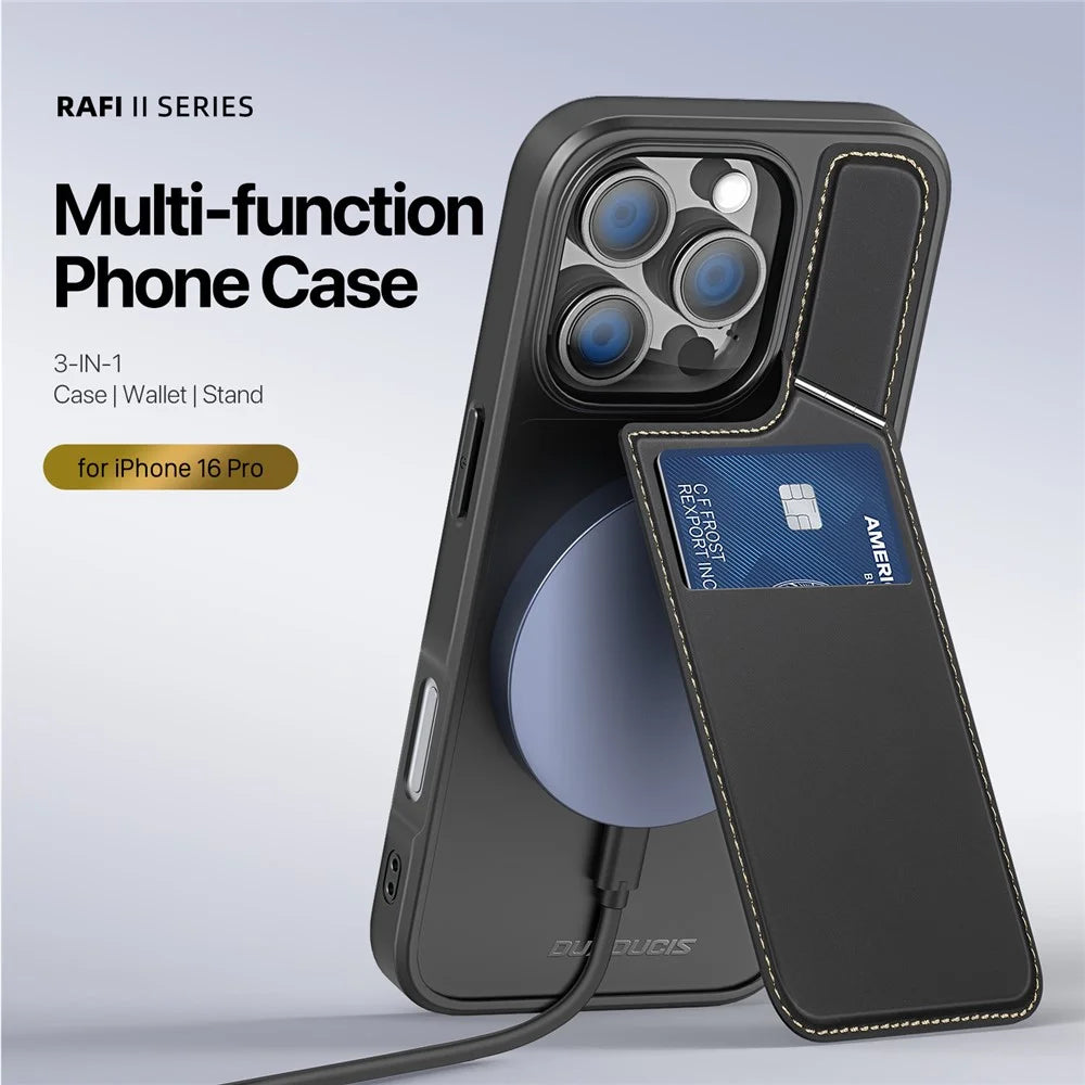 DUX DUCIS Rafi II Series for iPhone 16 Pro Magnetic Case Kickstand Card Slots Leather+TPU Phone Cover - Black - 4