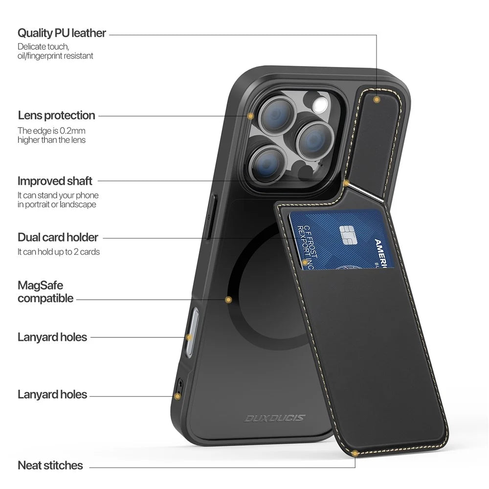 DUX DUCIS Rafi II Series for iPhone 16 Pro Magnetic Case Kickstand Card Slots Leather+TPU Phone Cover - Black - 5