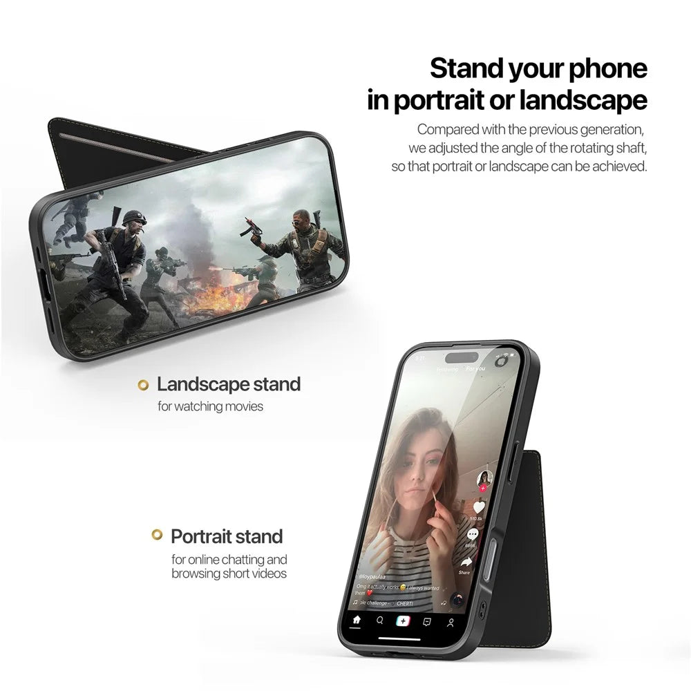DUX DUCIS Rafi II Series for iPhone 16 Pro Magnetic Case Kickstand Card Slots Leather+TPU Phone Cover - Black - 6
