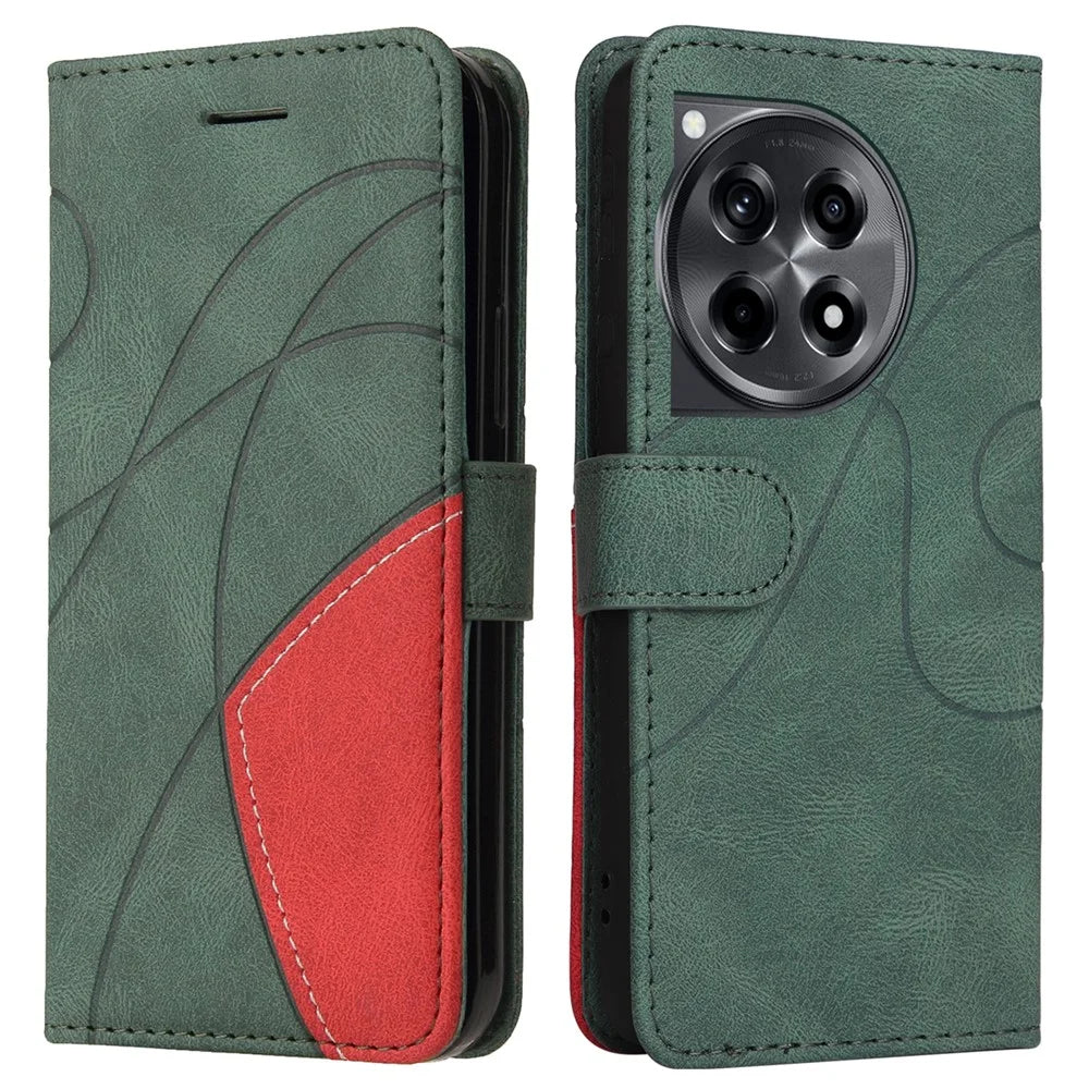 For OnePlus 12R 5G / Ace 3 5G Leather Case Wallet Stand Color Splicing Phone Cover  - Green - 1