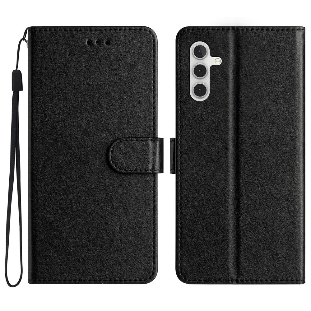 For Samsung Galaxy A55 5G Case Silk Texture Shockproof Leather Wallet Phone Cover - Black - 1