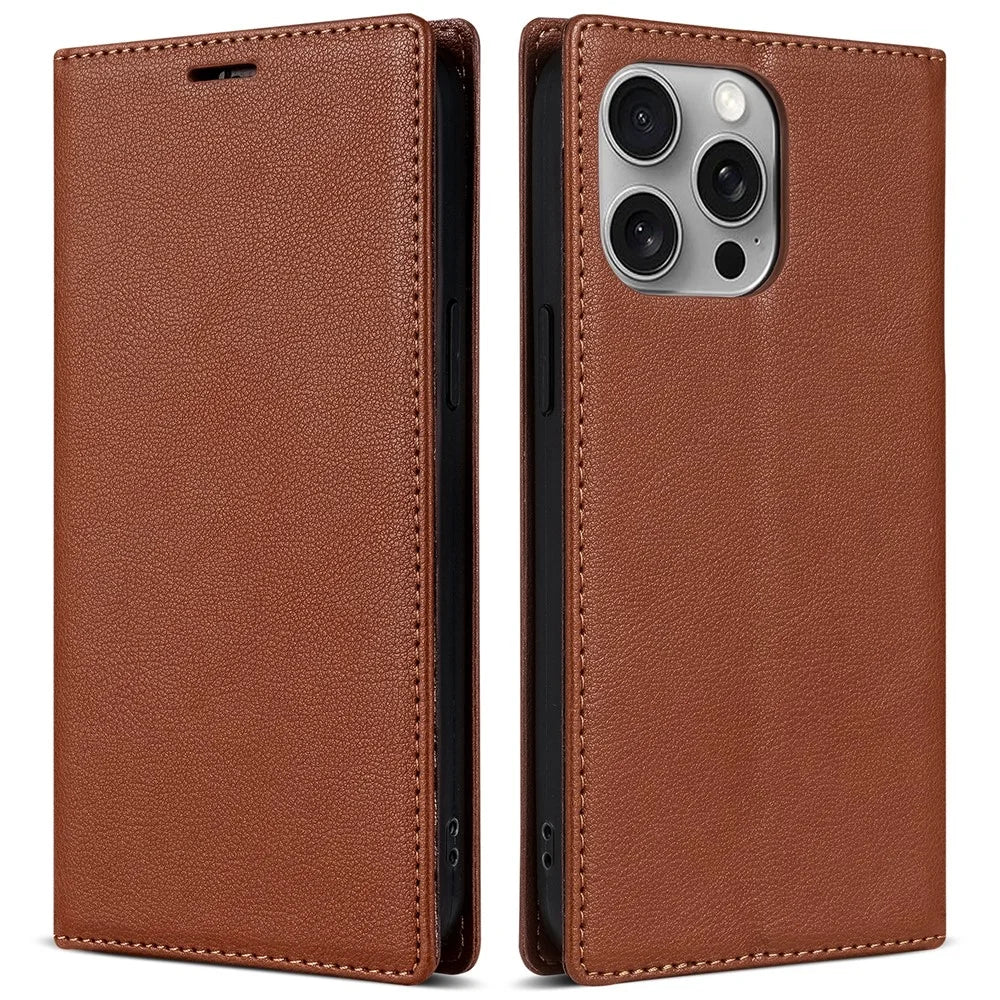 BKS-001 For iPhone 16 Pro Max Case PU Leather Phone Cover Magnetic Closure - Brown - 1