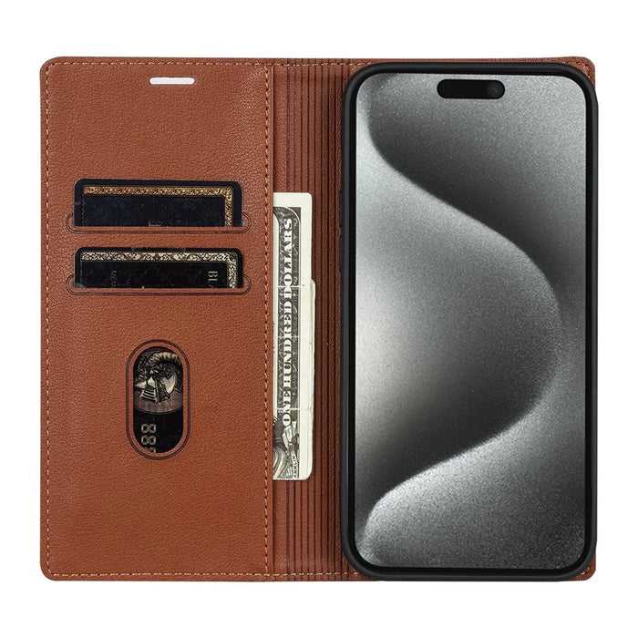 BKS-001 For iPhone 16 Pro Max Case PU Leather Phone Cover Magnetic Closure - Brown - 2