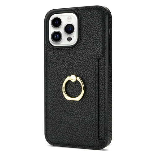 For iPhone 16 Pro Max Kickstand Case PU+TPU Card Holder Phone Cover - Black - 1