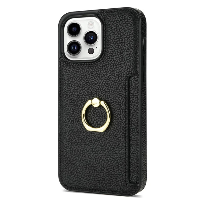 For iPhone 16 Pro Max Kickstand Case PU+TPU Card Holder Phone Cover - Black - 1