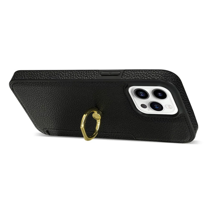 For iPhone 16 Pro Max Kickstand Case PU+TPU Card Holder Phone Cover - Black - 3