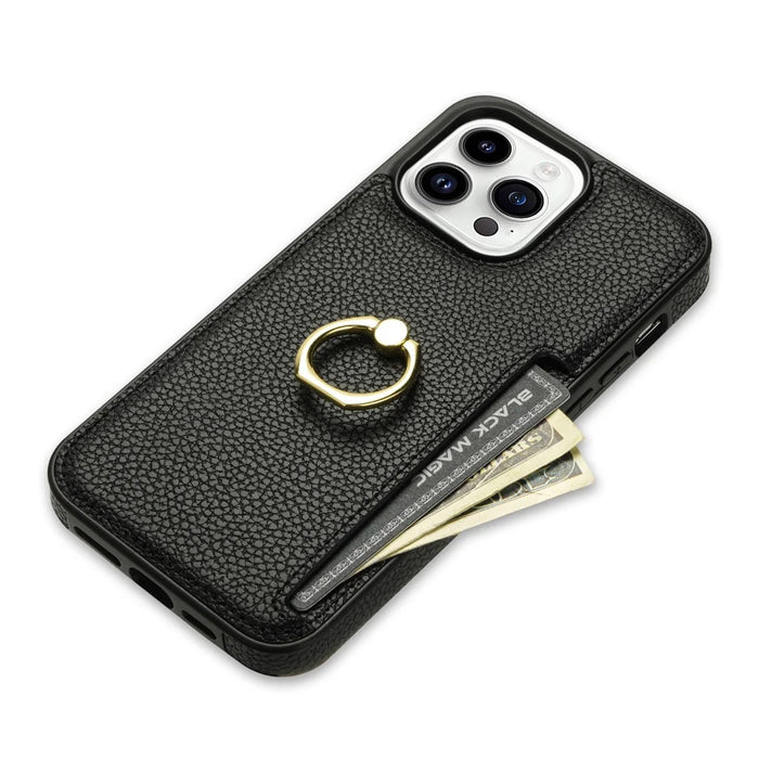 For iPhone 16 Pro Max Kickstand Case PU+TPU Card Holder Phone Cover - Black - 4