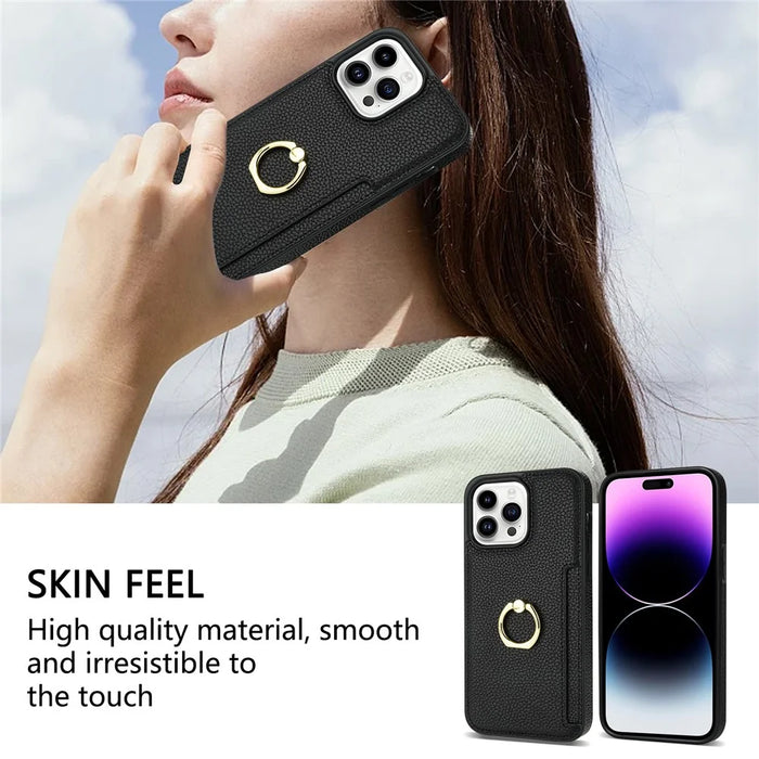 For iPhone 16 Pro Max Kickstand Case PU+TPU Card Holder Phone Cover - Black - 5