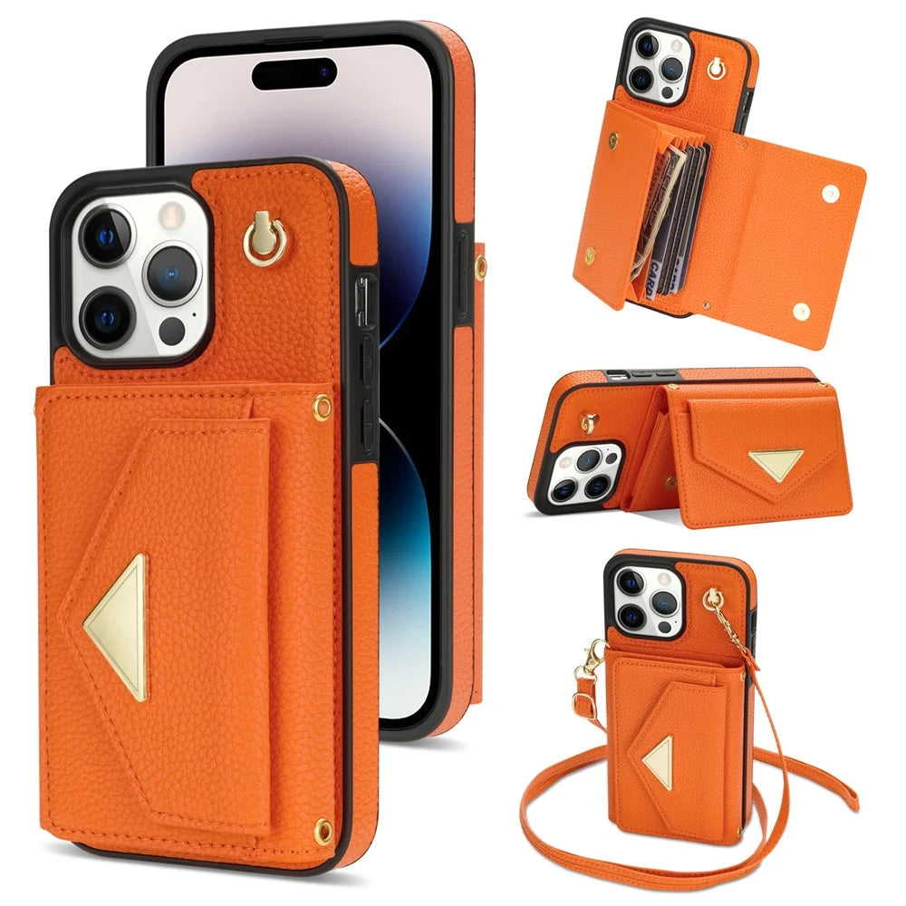 For iPhone 16 Pro Max Case Card Slots PU+TPU Cell Phone Cover with Long Strap - Orange - 1