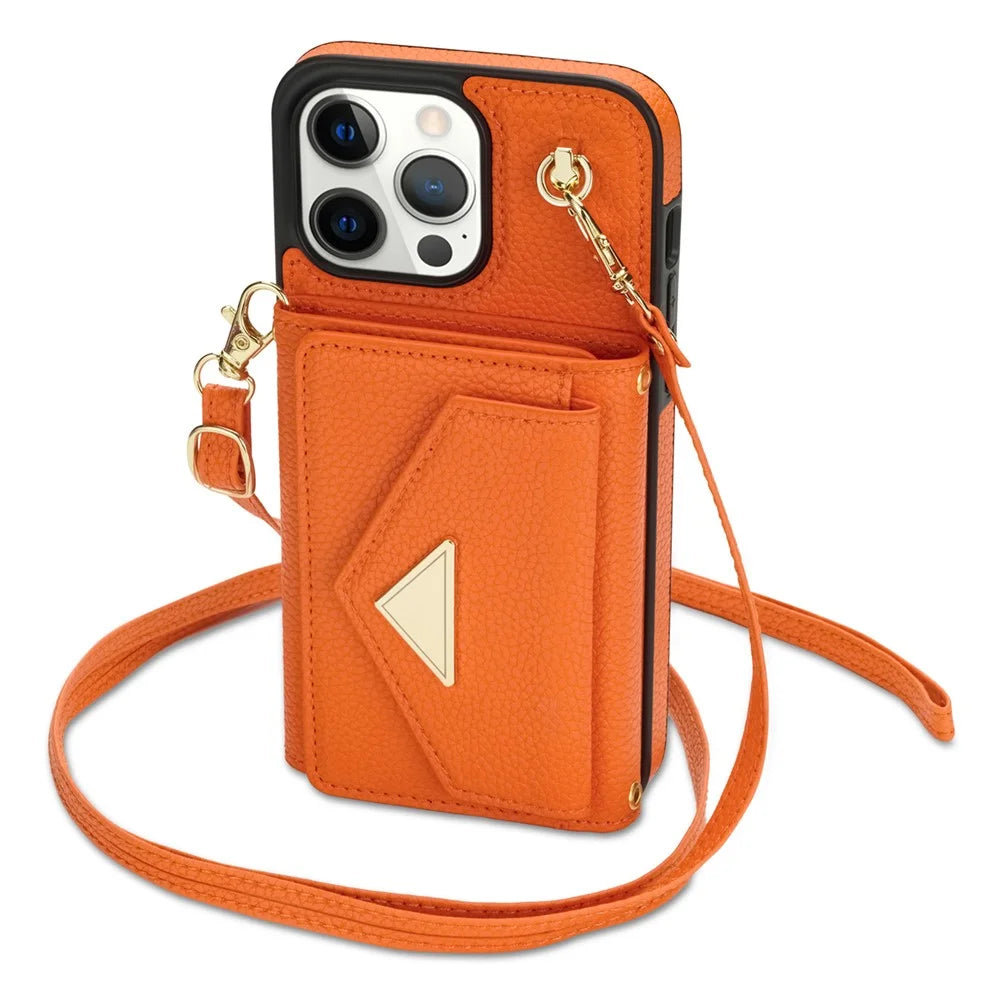 For iPhone 16 Pro Max Case Card Slots PU+TPU Cell Phone Cover with Long Strap - Orange - 2