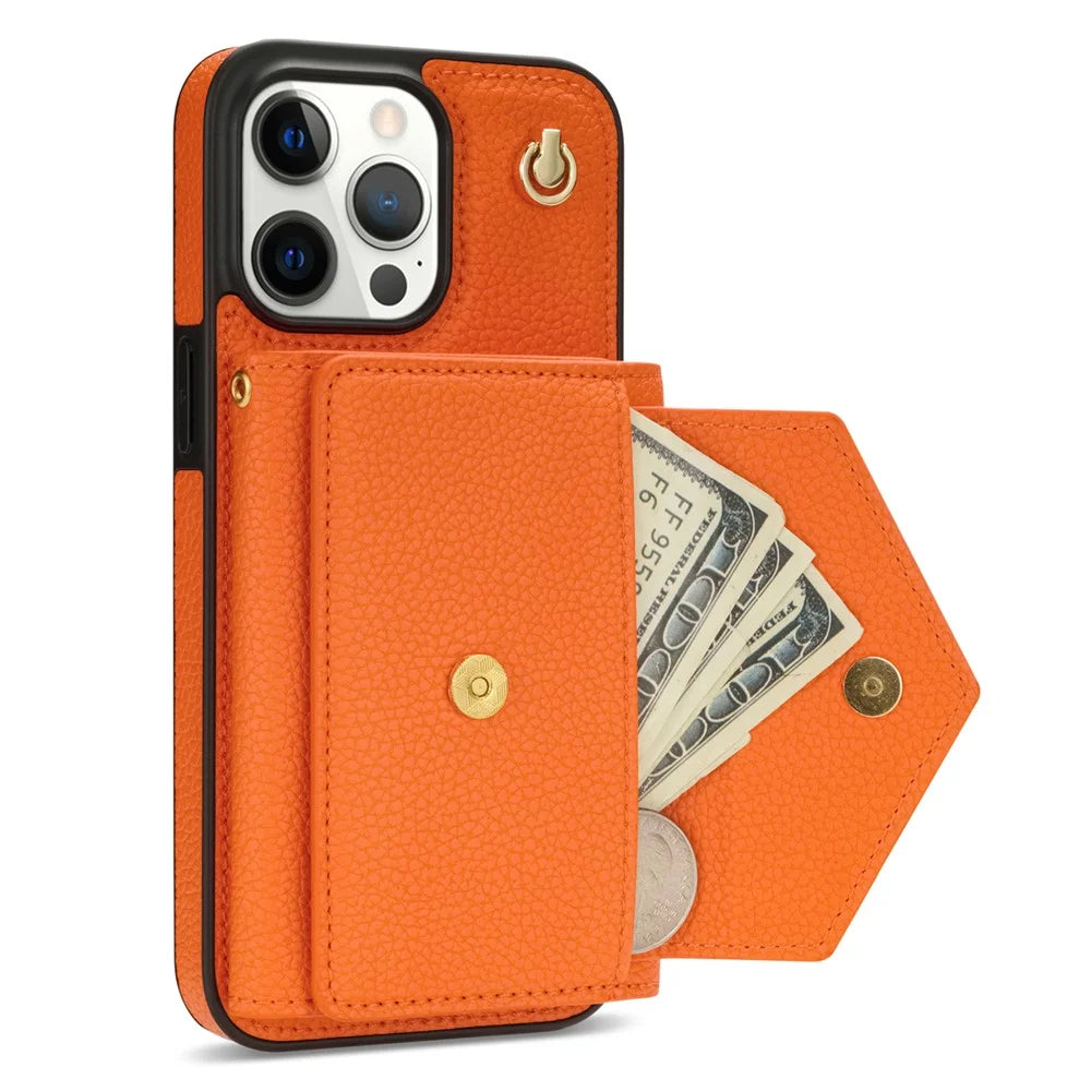 For iPhone 16 Pro Max Case Card Slots PU+TPU Cell Phone Cover with Long Strap - Orange - 3
