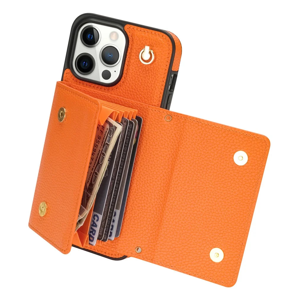 For iPhone 16 Pro Max Case Card Slots PU+TPU Cell Phone Cover with Long Strap - Orange - 4