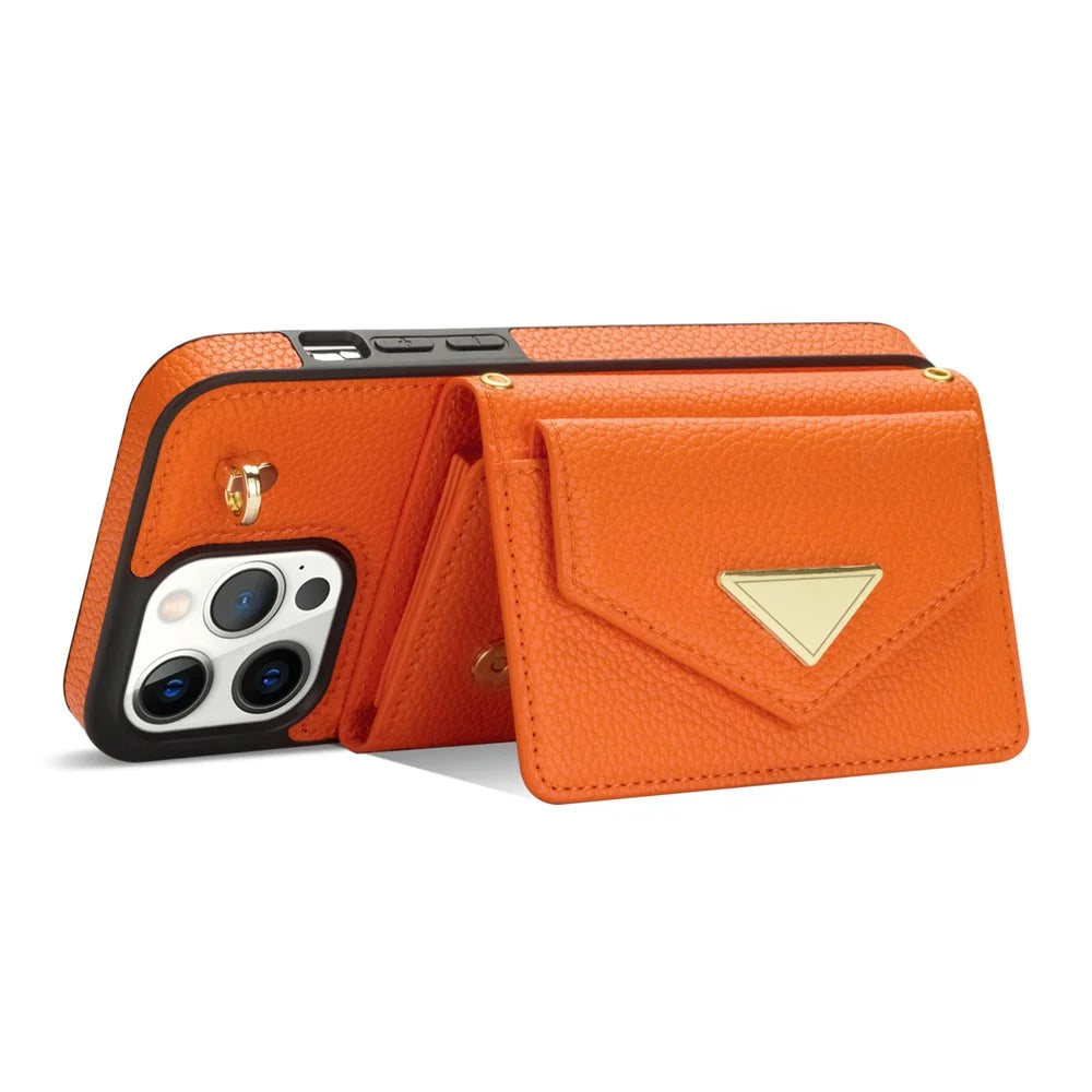 For iPhone 16 Pro Max Case Card Slots PU+TPU Cell Phone Cover with Long Strap - Orange - 5