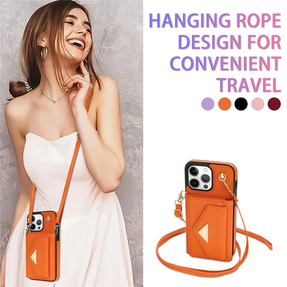 For iPhone 16 Pro Max Case Card Slots PU+TPU Cell Phone Cover with Long Strap - Orange - 6