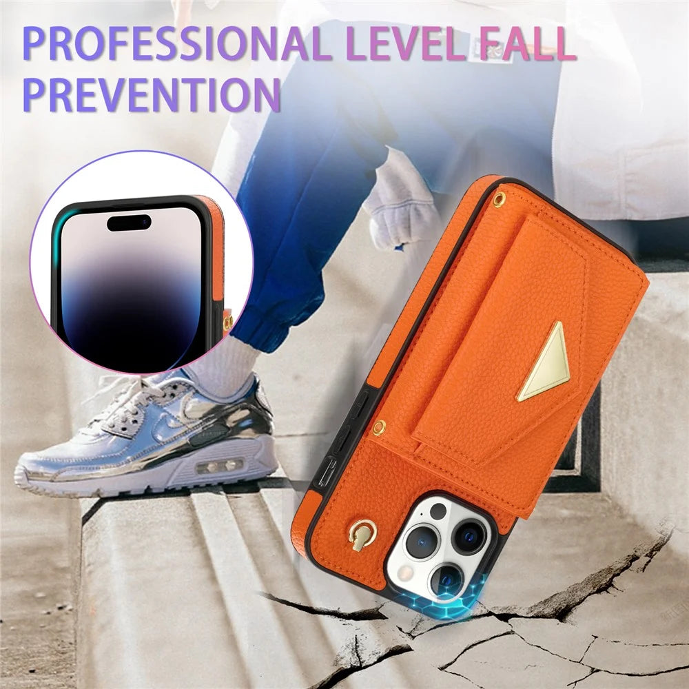 For iPhone 16 Pro Max Case Card Slots PU+TPU Cell Phone Cover with Long Strap - Orange - 7