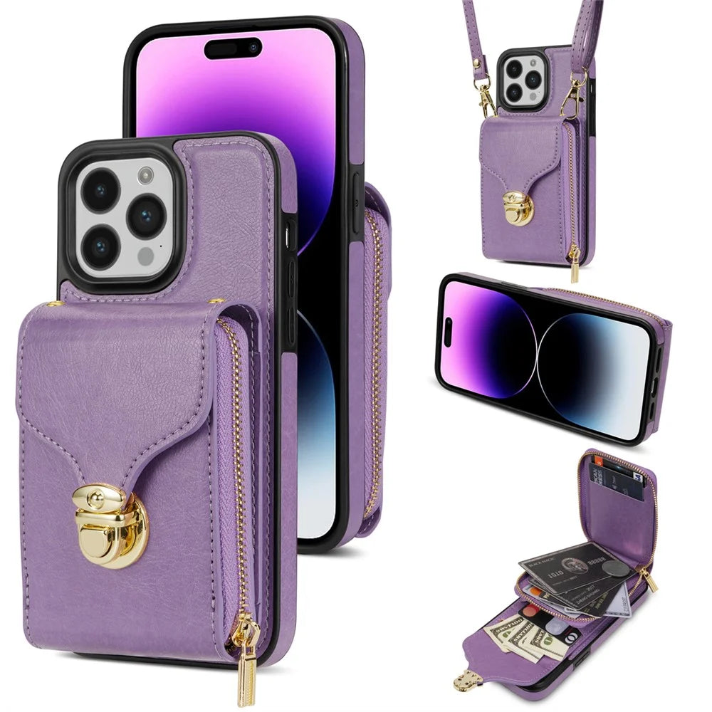 For iPhone 16 Pro Case Zipper Wallet Card Holder Leather+TPU Phone Cover with Strap - Purple - 1