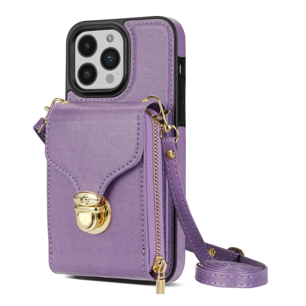 For iPhone 16 Pro Case Zipper Wallet Card Holder Leather+TPU Phone Cover with Strap - Purple - 2