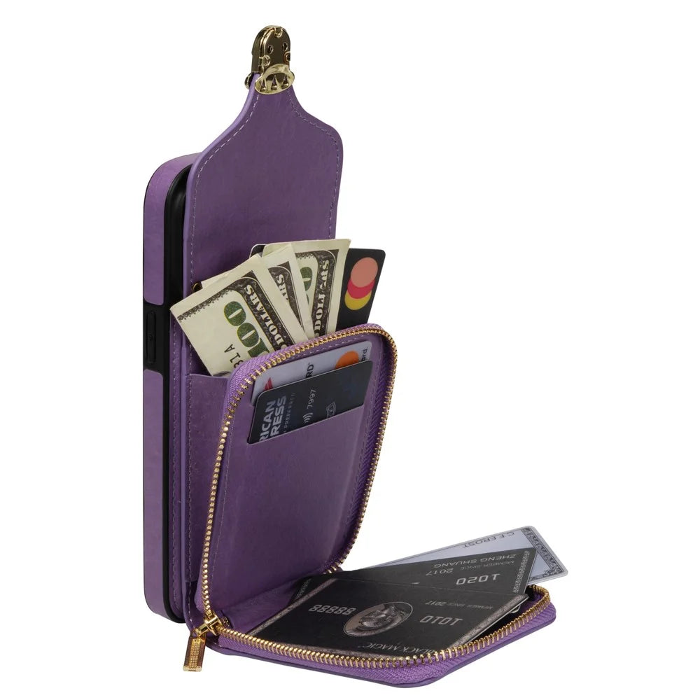 For iPhone 16 Pro Case Zipper Wallet Card Holder Leather+TPU Phone Cover with Strap - Purple - 3