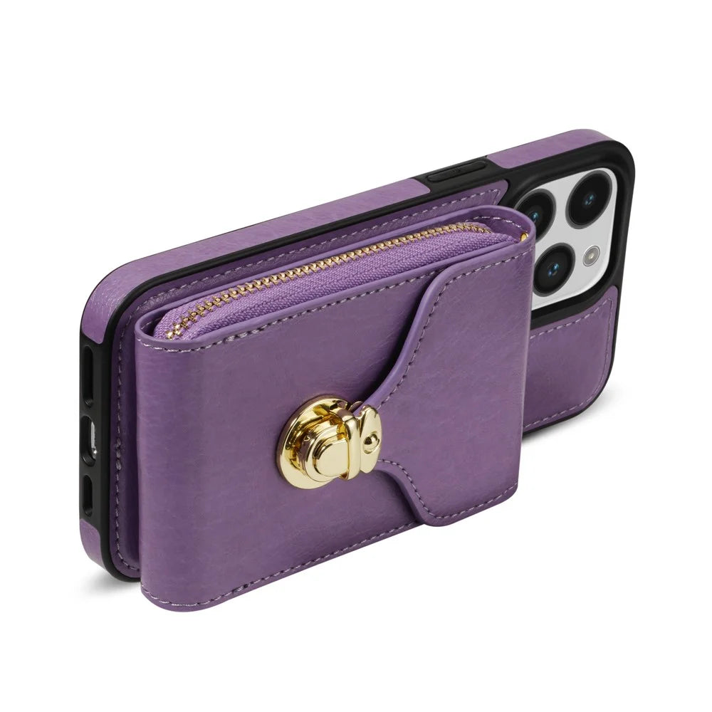 For iPhone 16 Pro Case Zipper Wallet Card Holder Leather+TPU Phone Cover with Strap - Purple - 4