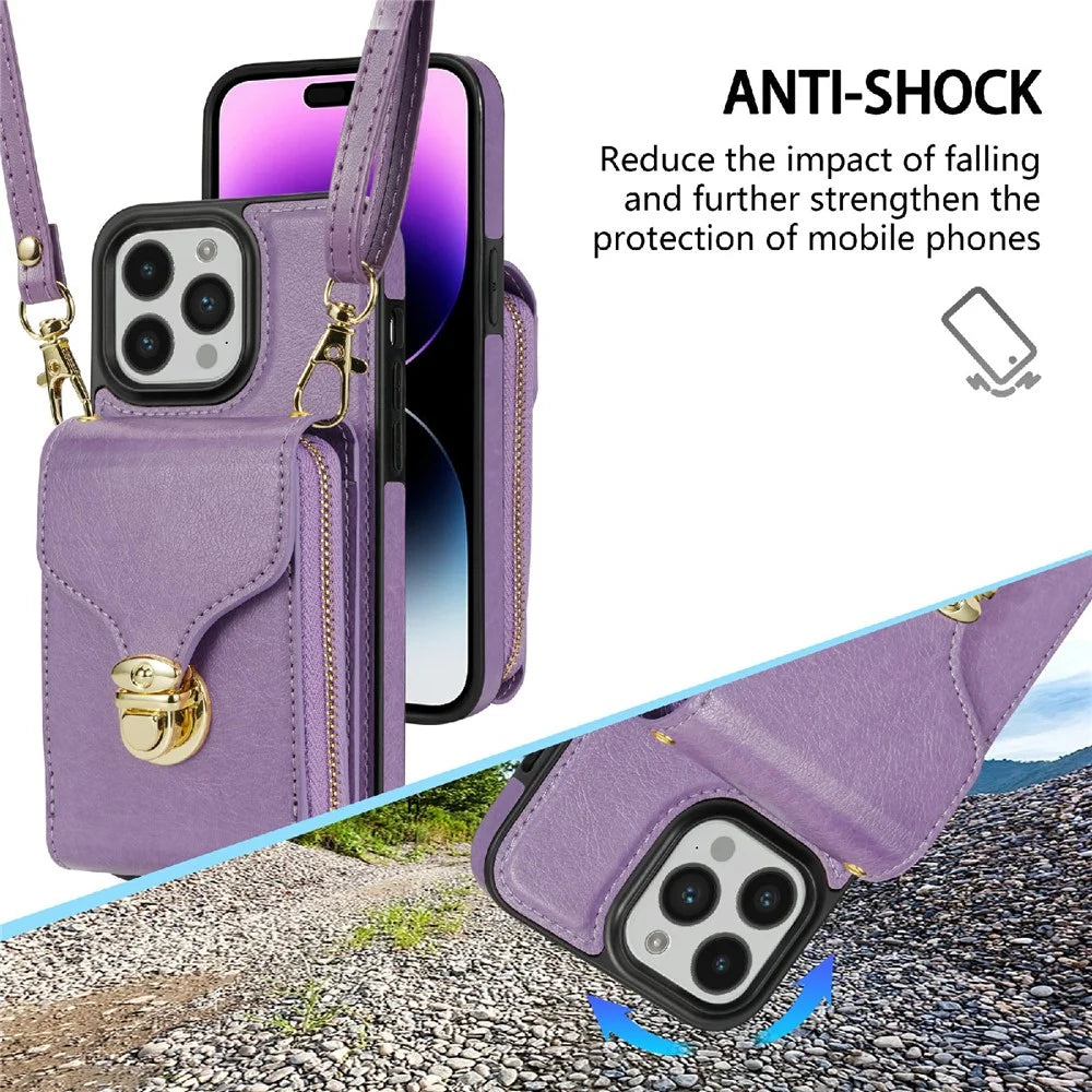 For iPhone 16 Pro Case Zipper Wallet Card Holder Leather+TPU Phone Cover with Strap - Purple - 6
