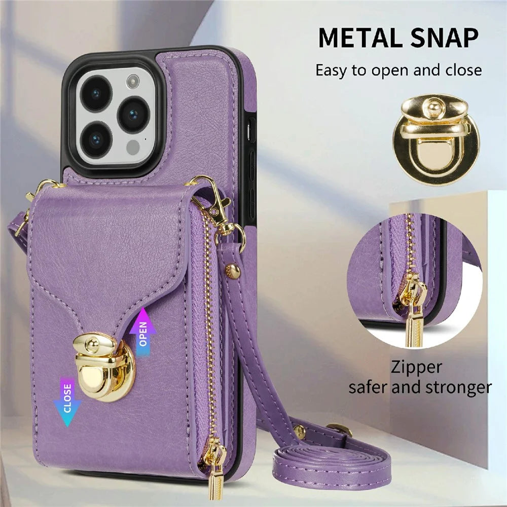 For iPhone 16 Pro Case Zipper Wallet Card Holder Leather+TPU Phone Cover with Strap - Purple - 7