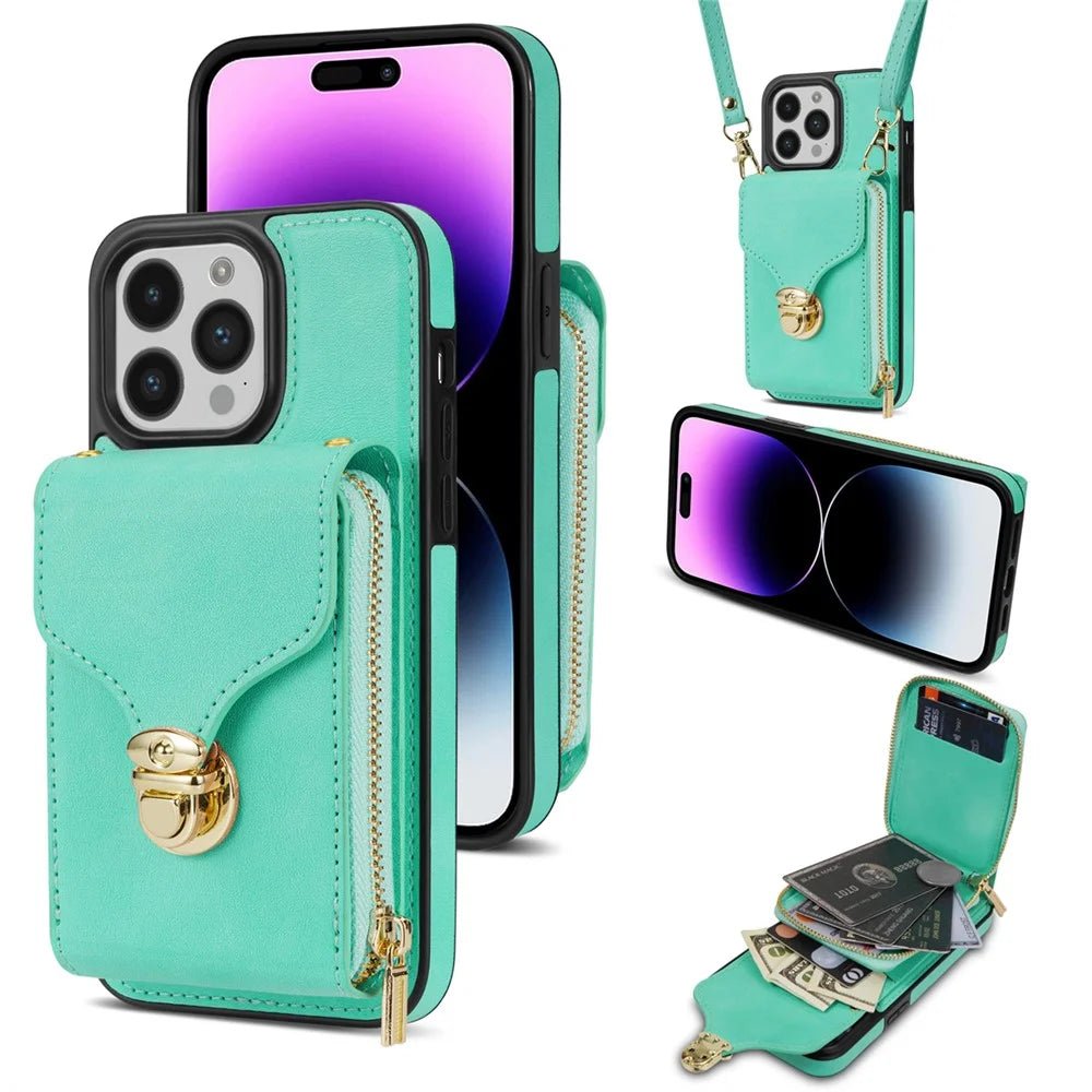 For iPhone 16 Pro Max Wallet Case Card Slots PU+TPU Phone Cover with Strap - Mint Green - 1