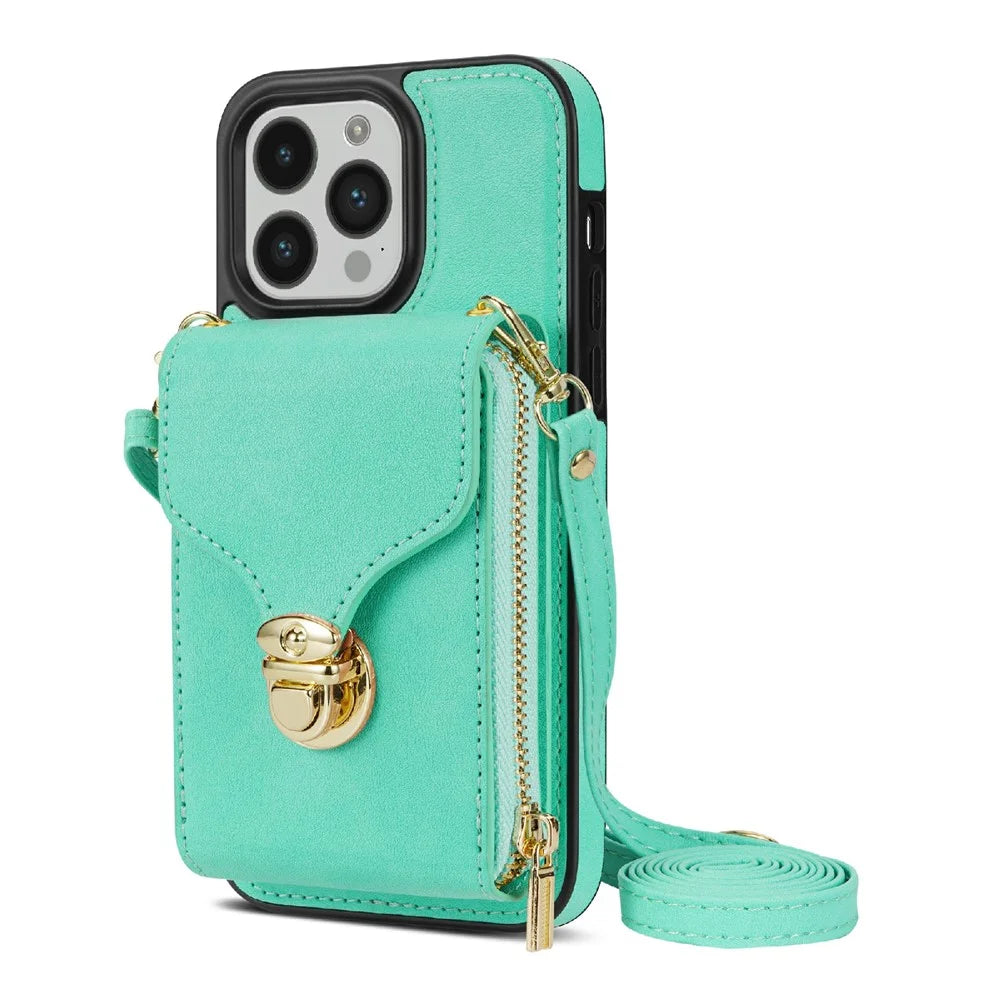 For iPhone 16 Pro Max Wallet Case Card Slots PU+TPU Phone Cover with Strap - Mint Green - 2