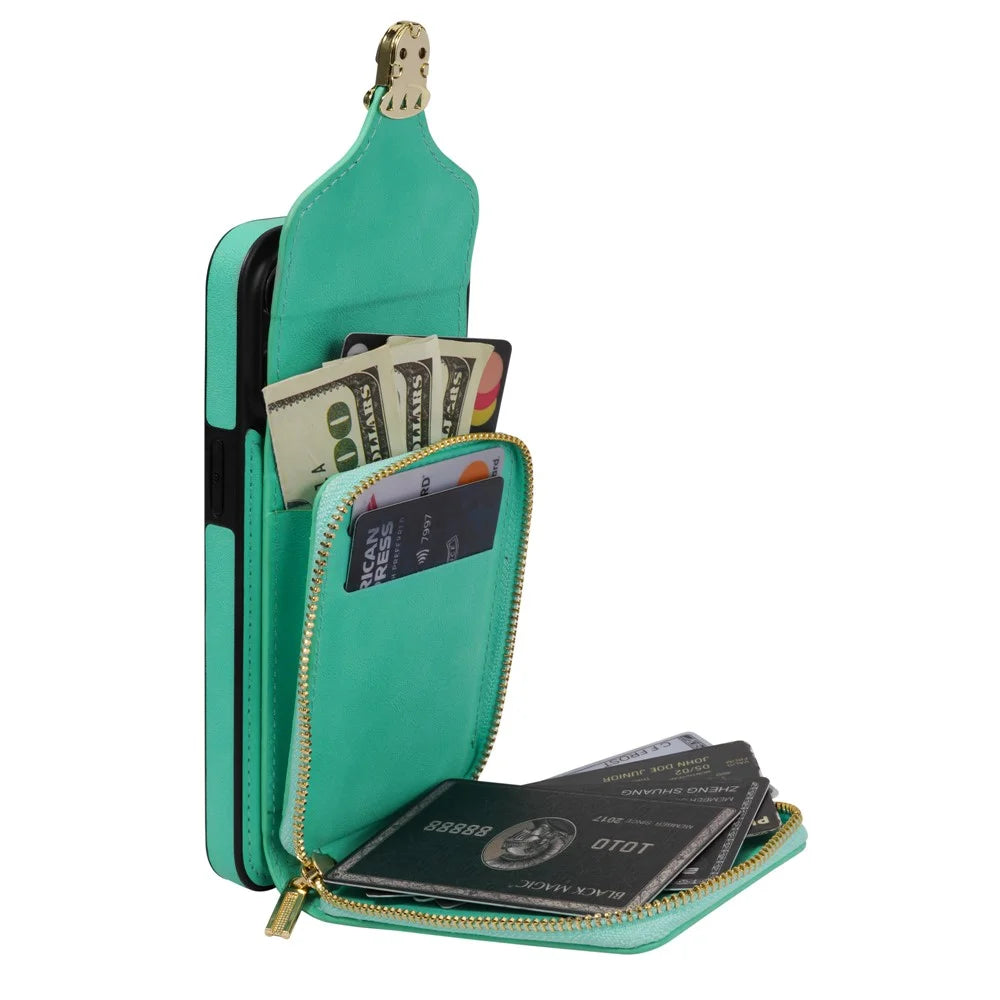For iPhone 16 Pro Max Wallet Case Card Slots PU+TPU Phone Cover with Strap - Mint Green - 3