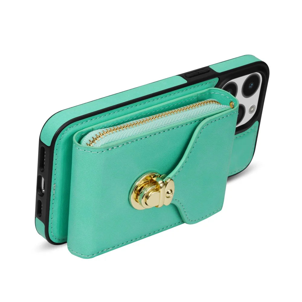 For iPhone 16 Pro Max Wallet Case Card Slots PU+TPU Phone Cover with Strap - Mint Green - 4