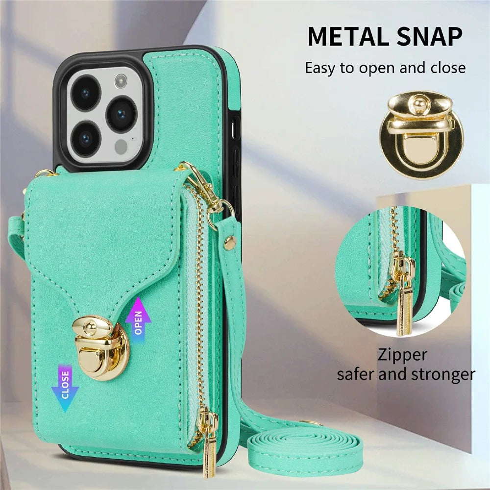 For iPhone 16 Pro Max Wallet Case Card Slots PU+TPU Phone Cover with Strap - Mint Green - 7